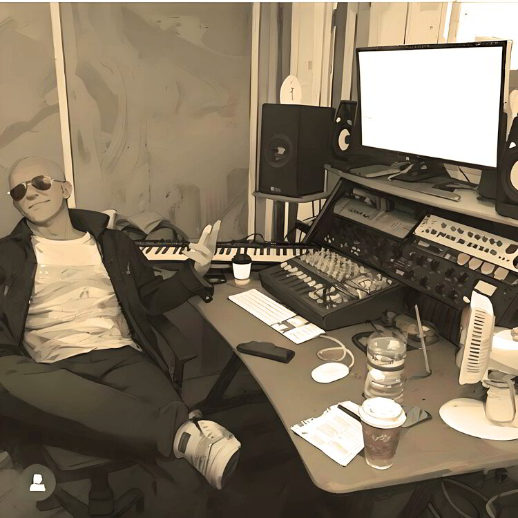 Max in his home studio, keyboard on his lap